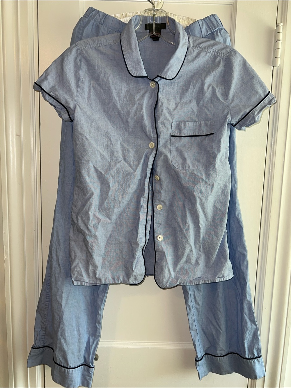 Light Blue Short Sleeve Pajama Set with Navy Piping by J Crew